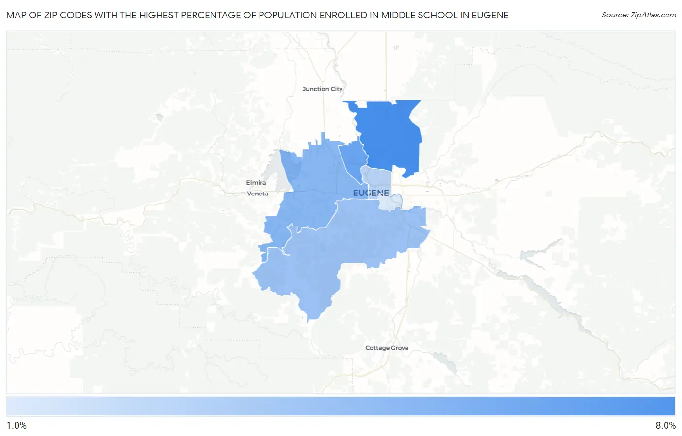 Zip Codes with the Highest Percentage of Population Enrolled in Middle School in Eugene Map