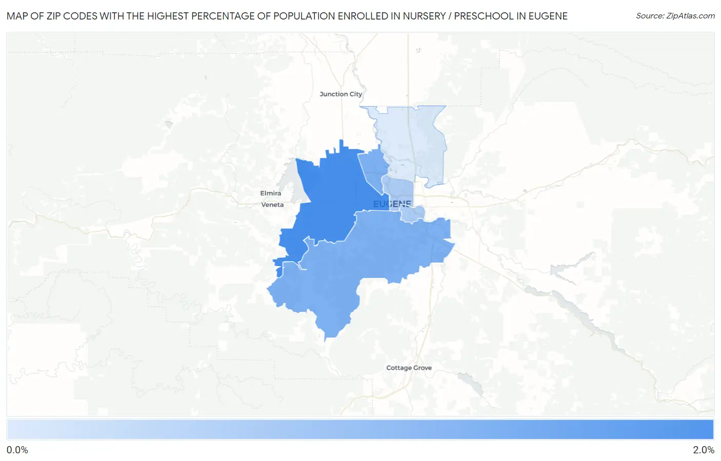 Zip Codes with the Highest Percentage of Population Enrolled in Nursery / Preschool in Eugene Map