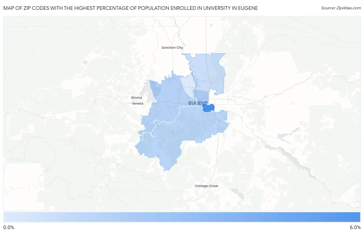Zip Codes with the Highest Percentage of Population Enrolled in University in Eugene Map