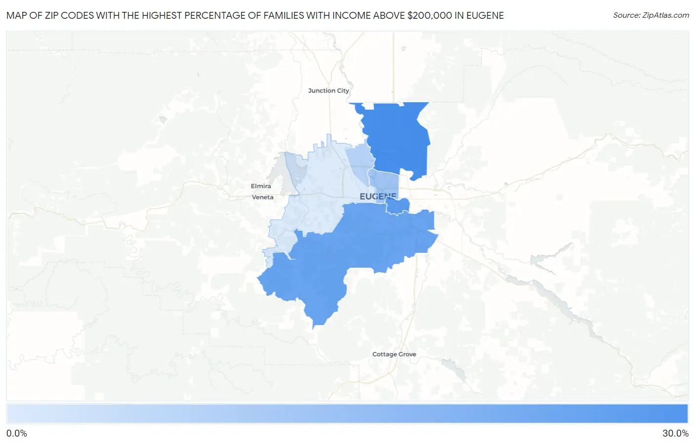 Zip Codes with the Highest Percentage of Families with Income Above $200,000 in Eugene Map