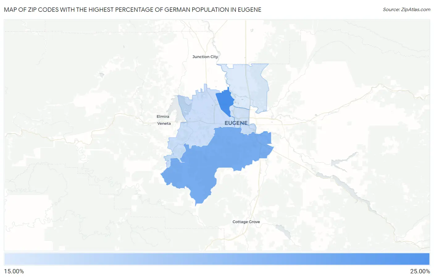 Zip Codes with the Highest Percentage of German Population in Eugene Map