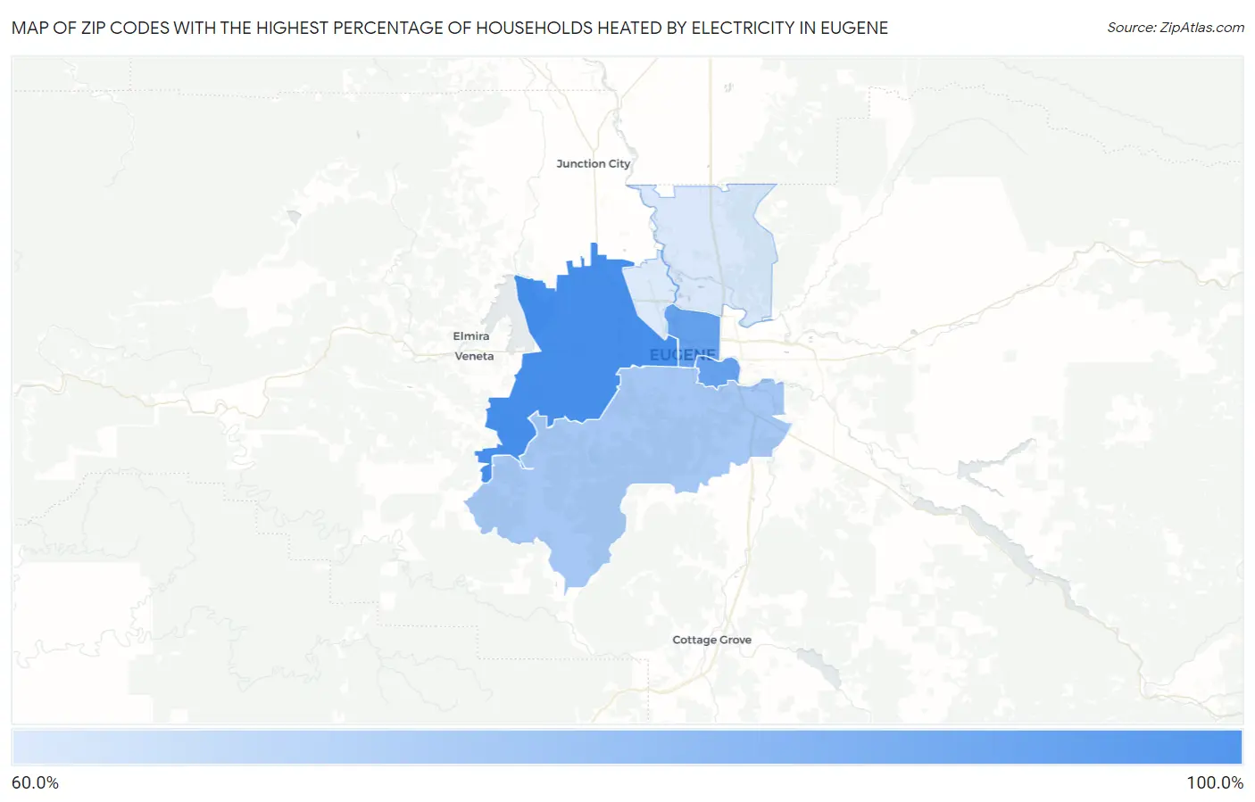 Zip Codes with the Highest Percentage of Households Heated by Electricity in Eugene Map