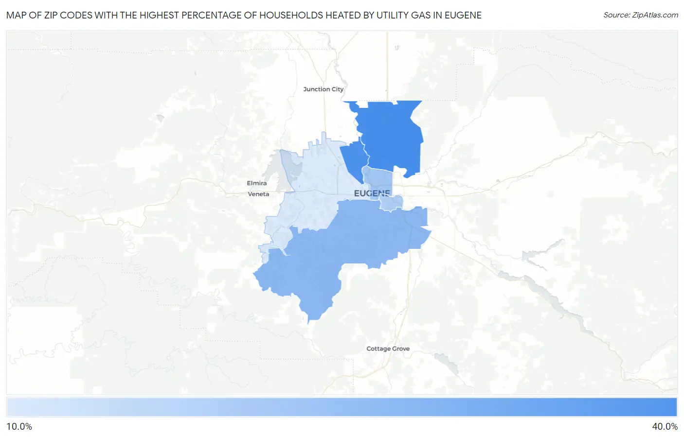 Zip Codes with the Highest Percentage of Households Heated by Utility Gas in Eugene Map