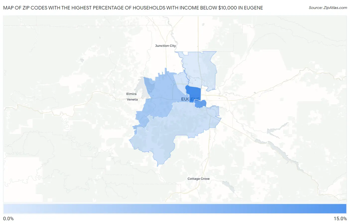 Zip Codes with the Highest Percentage of Households with Income Below $10,000 in Eugene Map