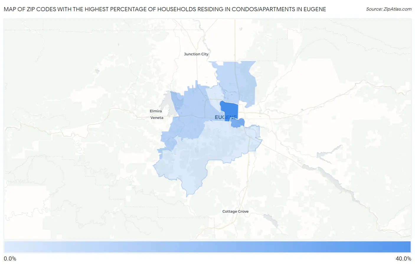Zip Codes with the Highest Percentage of Households Residing in Condos/Apartments in Eugene Map
