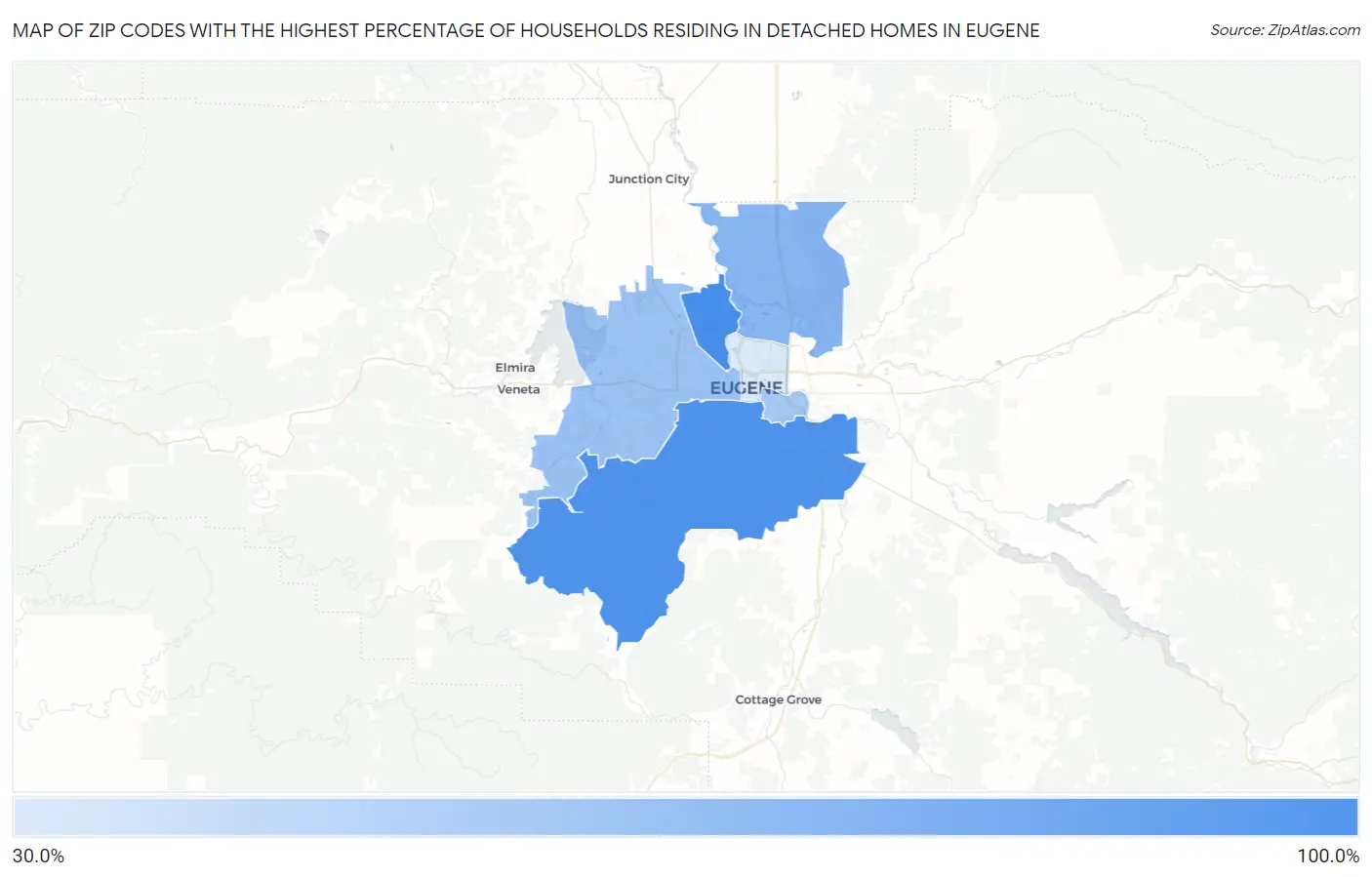 Zip Codes with the Highest Percentage of Households Residing in Detached Homes in Eugene Map