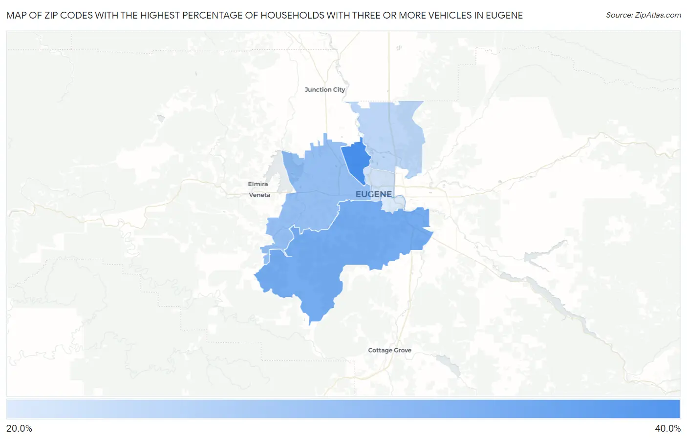 Zip Codes with the Highest Percentage of Households With Three or more Vehicles in Eugene Map