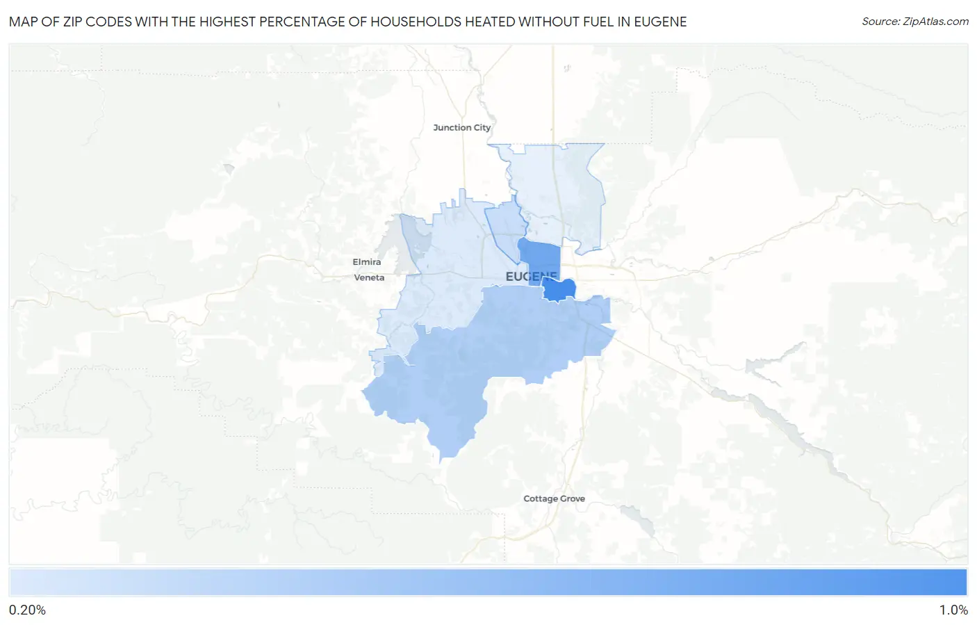 Zip Codes with the Highest Percentage of Households Heated without Fuel in Eugene Map