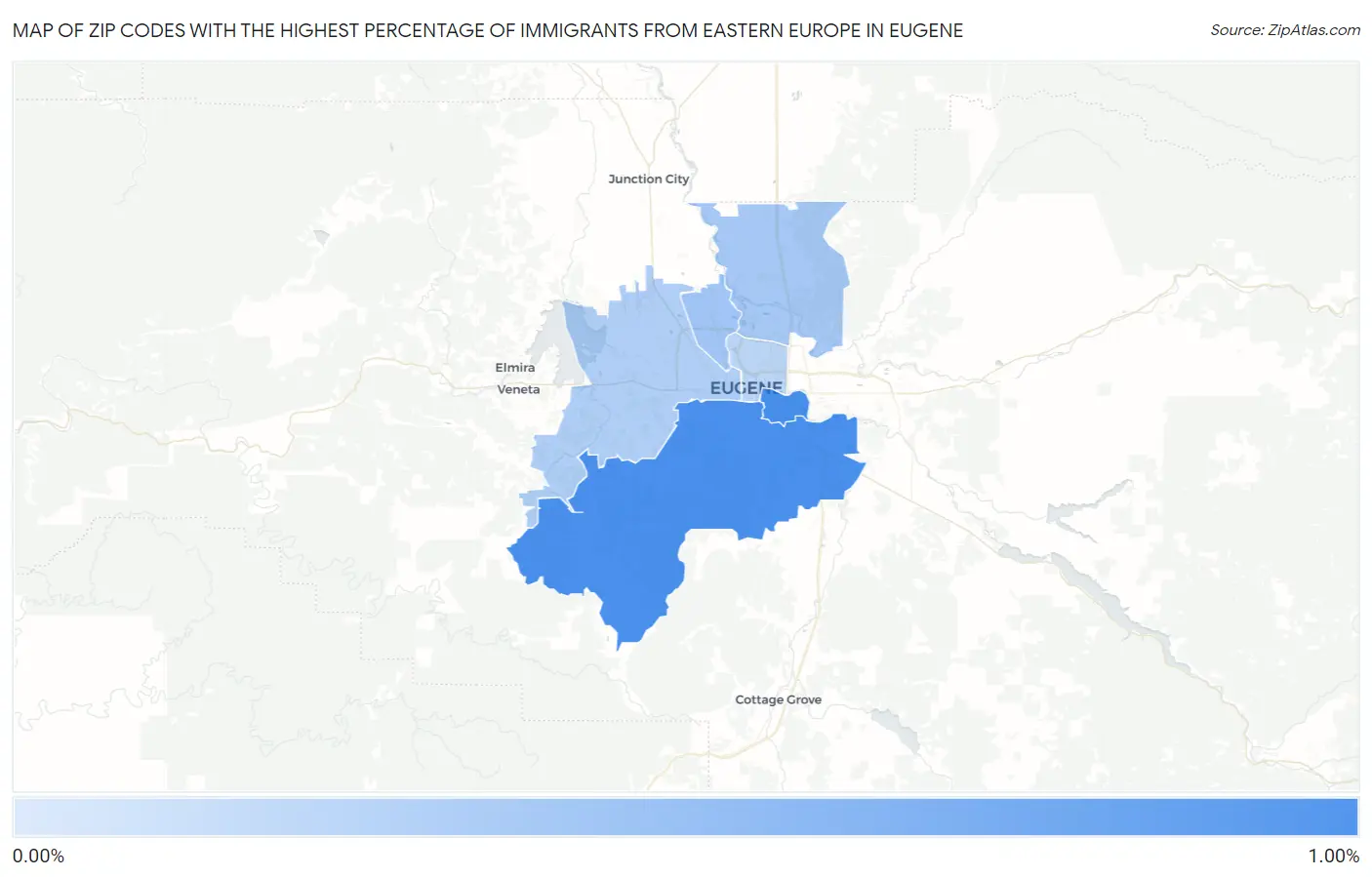 Zip Codes with the Highest Percentage of Immigrants from Eastern Europe in Eugene Map