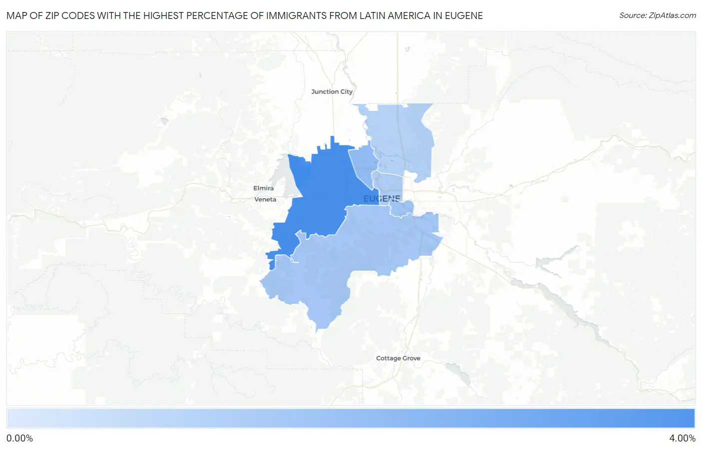 Zip Codes with the Highest Percentage of Immigrants from Latin America in Eugene Map
