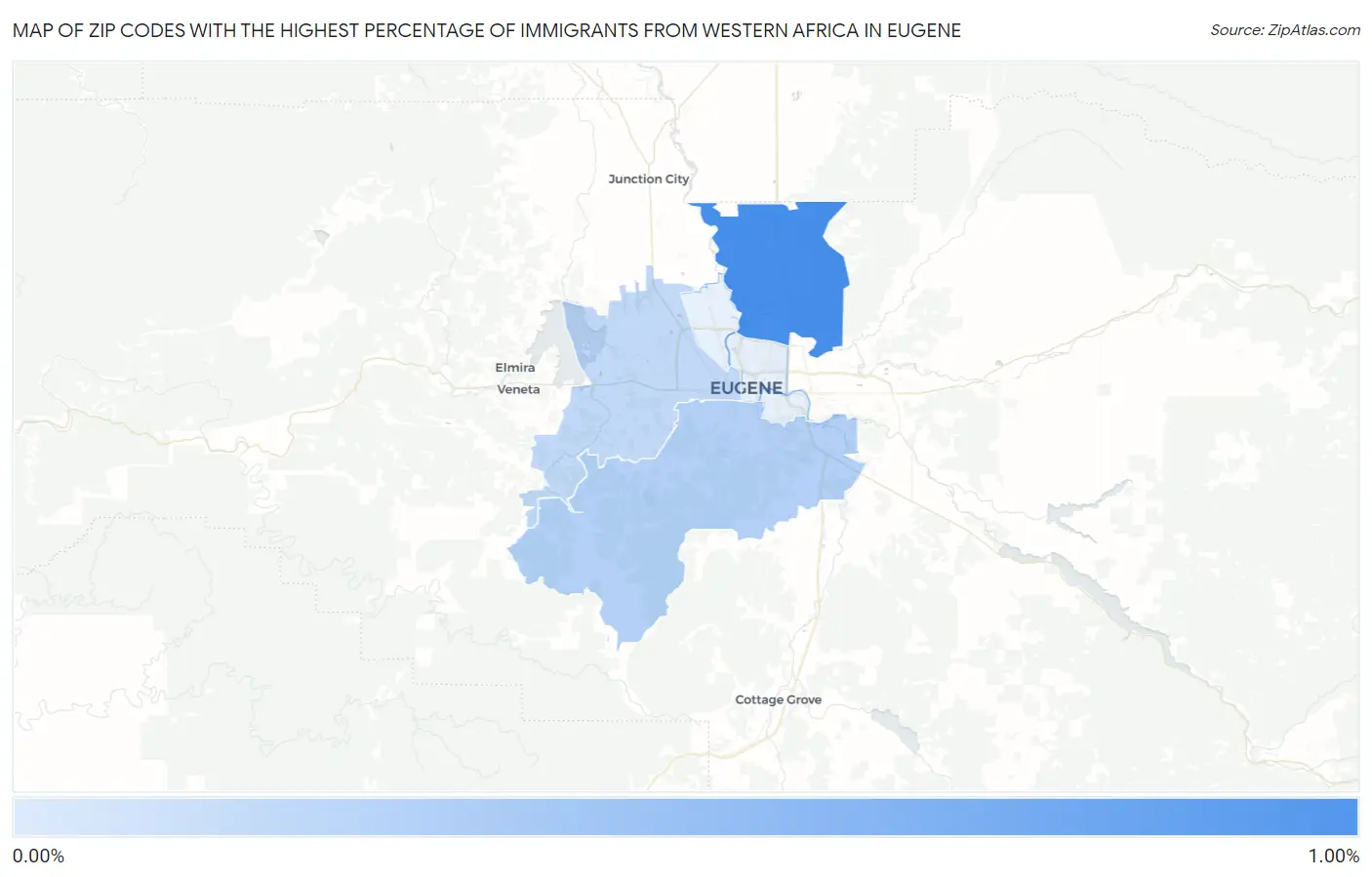 Zip Codes with the Highest Percentage of Immigrants from Western Africa in Eugene Map