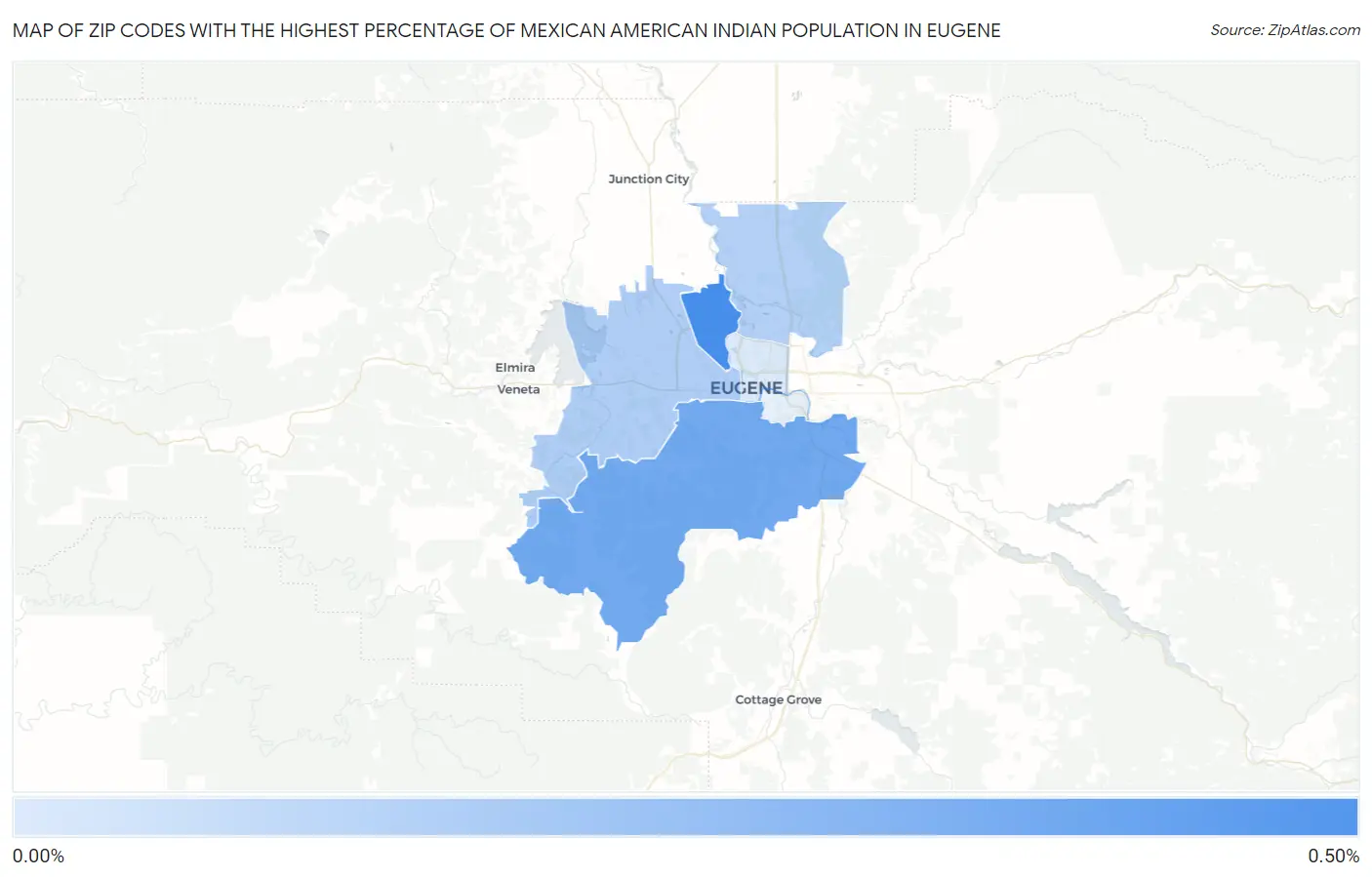Zip Codes with the Highest Percentage of Mexican American Indian Population in Eugene Map