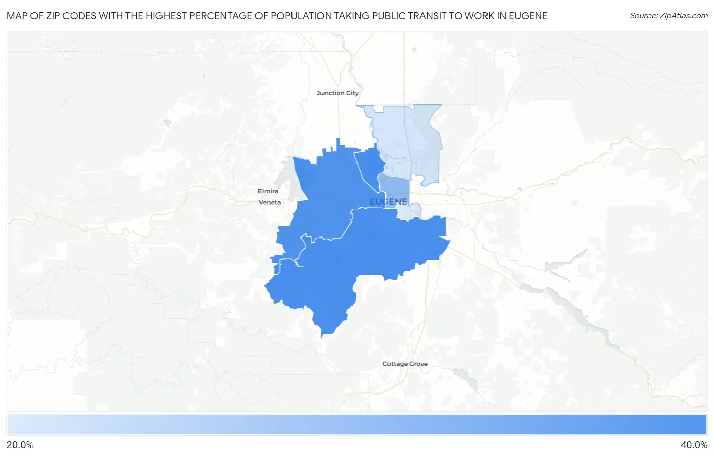 Zip Codes with the Highest Percentage of Population Taking Public Transit to Work in Eugene Map