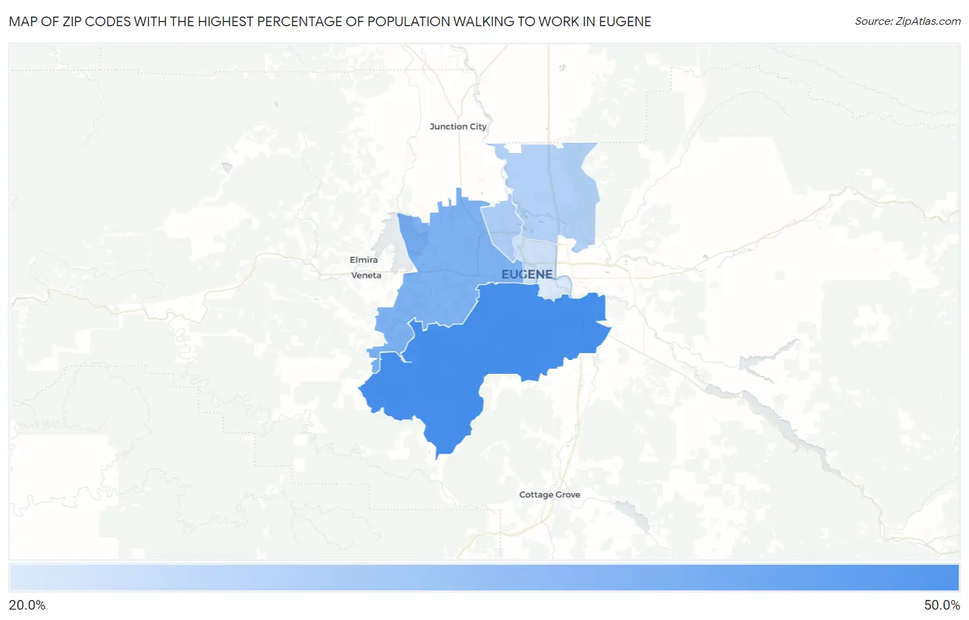 Zip Codes with the Highest Percentage of Population Walking to Work in Eugene Map