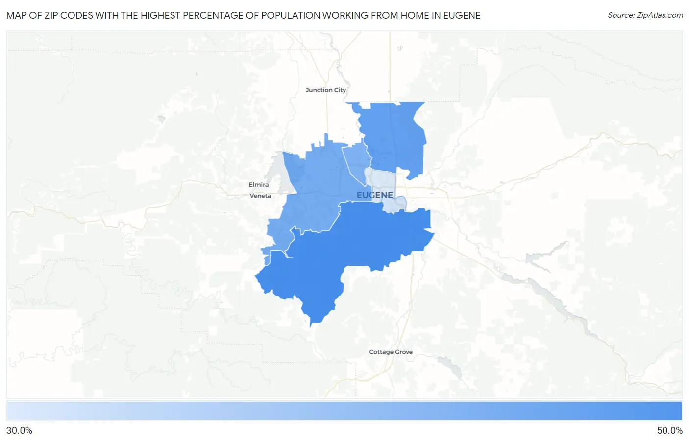 Zip Codes with the Highest Percentage of Population Working from Home in Eugene Map