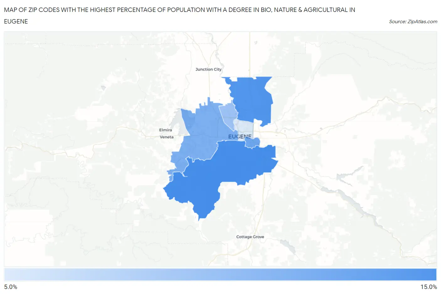 Zip Codes with the Highest Percentage of Population with a Degree in Bio, Nature & Agricultural in Eugene Map