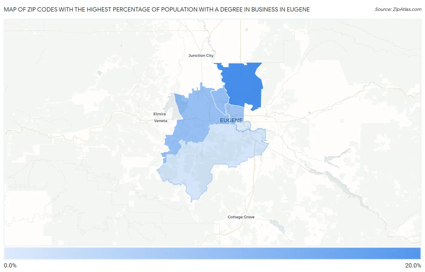 Zip Codes with the Highest Percentage of Population with a Degree in Business in Eugene Map
