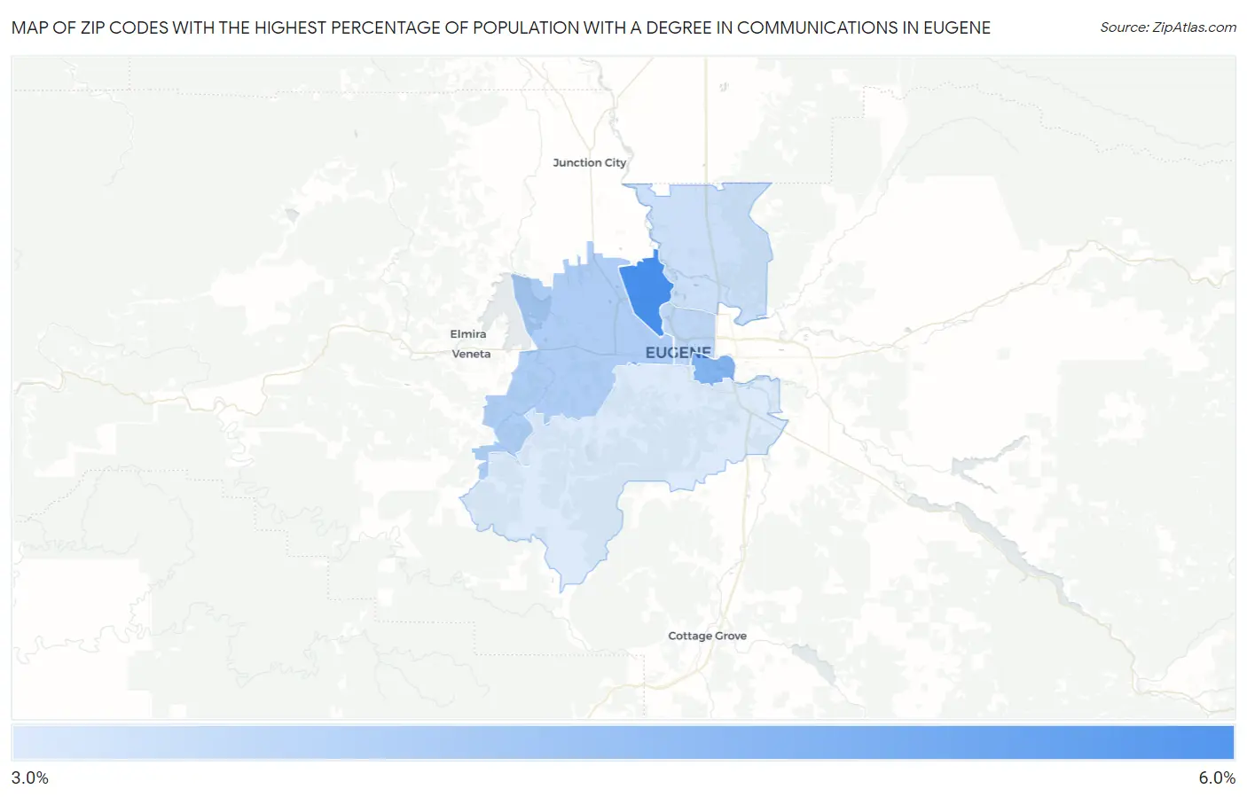 Zip Codes with the Highest Percentage of Population with a Degree in Communications in Eugene Map