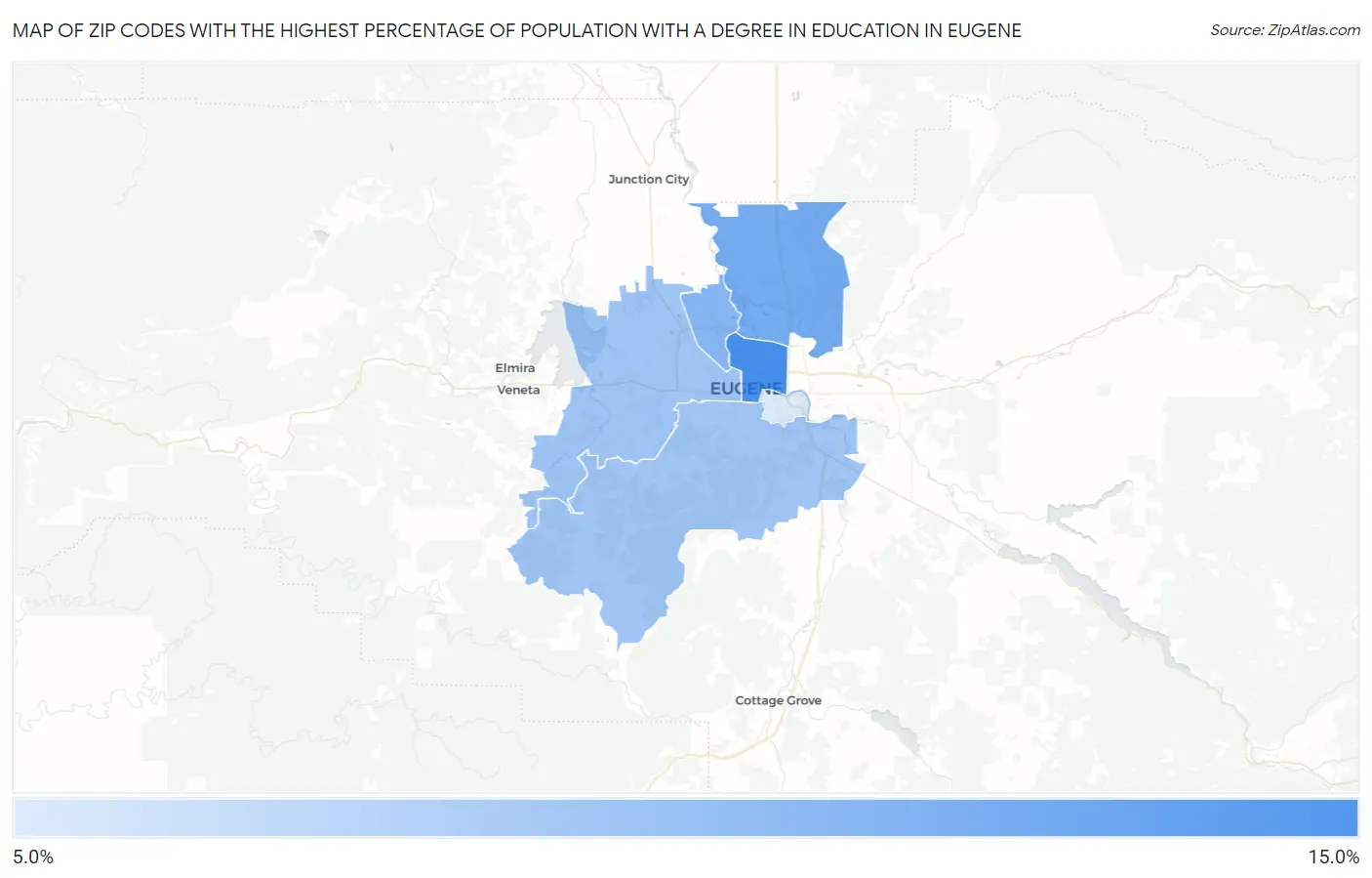 Zip Codes with the Highest Percentage of Population with a Degree in Education in Eugene Map