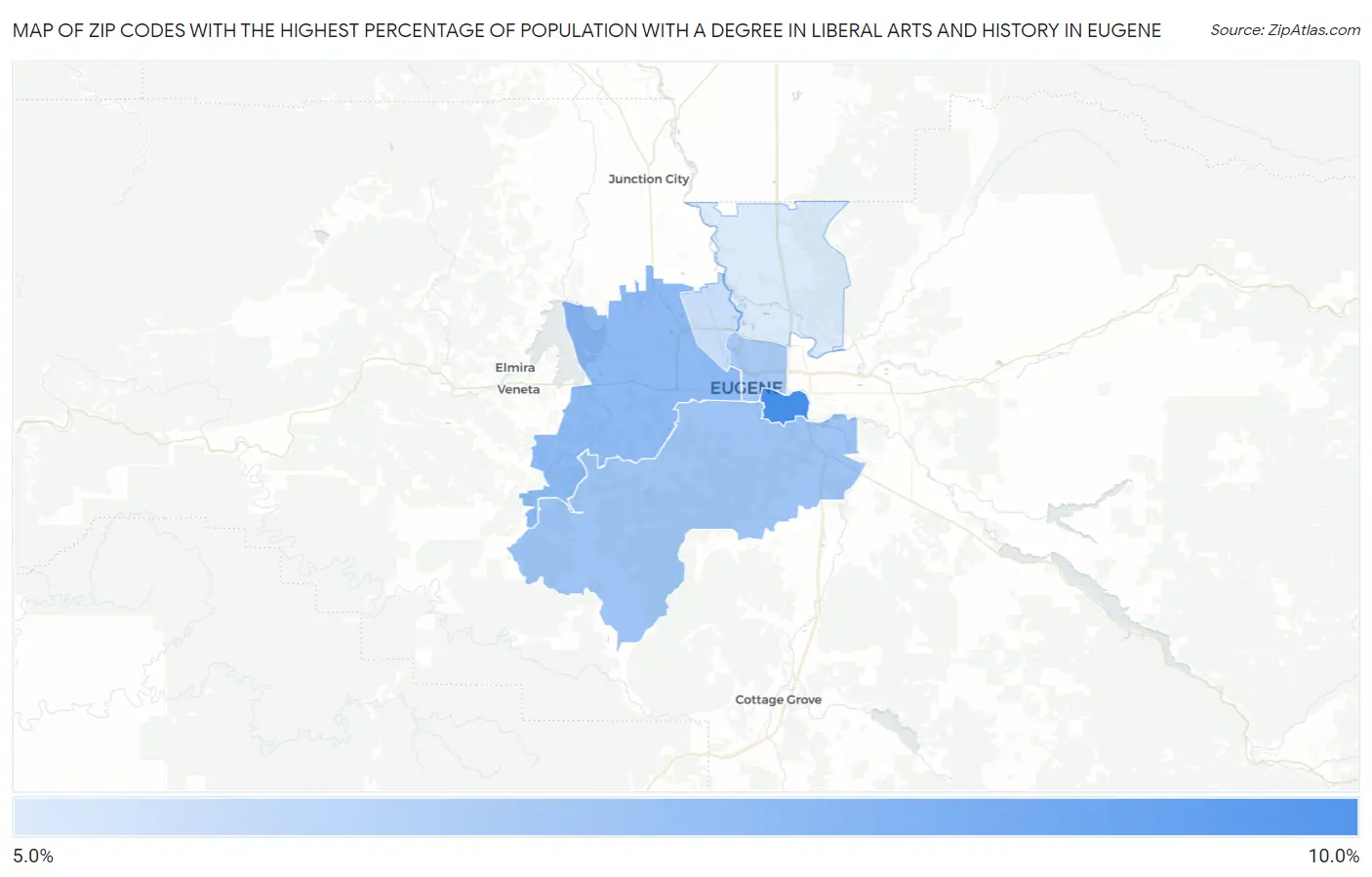 Zip Codes with the Highest Percentage of Population with a Degree in Liberal Arts and History in Eugene Map
