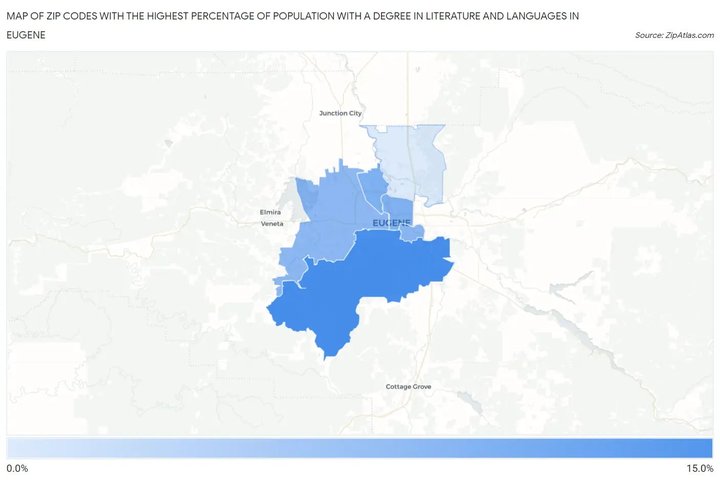 Zip Codes with the Highest Percentage of Population with a Degree in Literature and Languages in Eugene Map