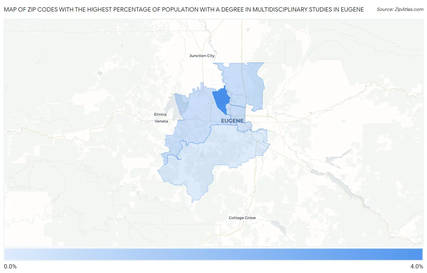 Zip Codes with the Highest Percentage of Population with a Degree in Multidisciplinary Studies in Eugene Map