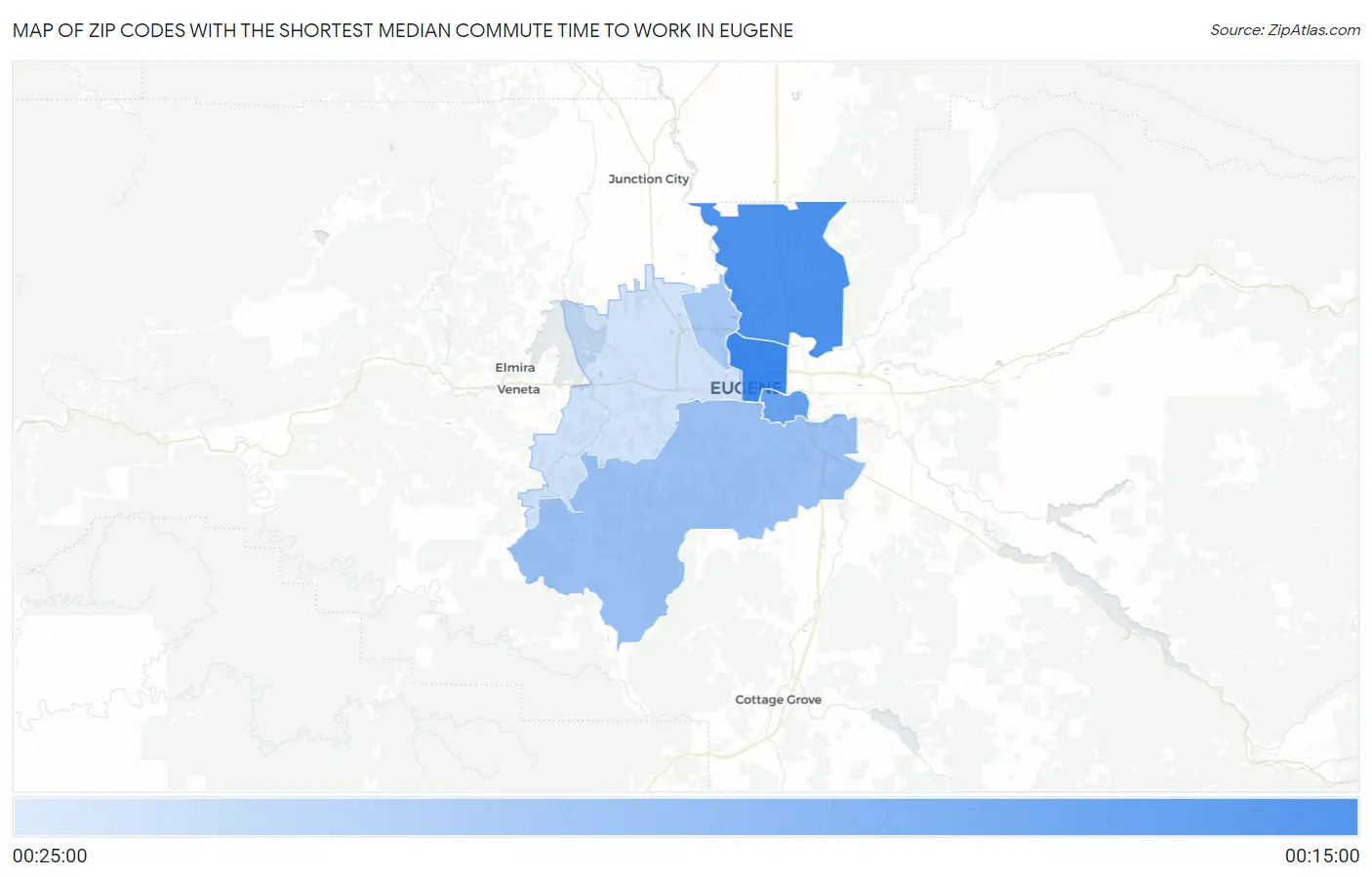 Zip Codes with the Shortest Median Commute Time to Work in Eugene Map