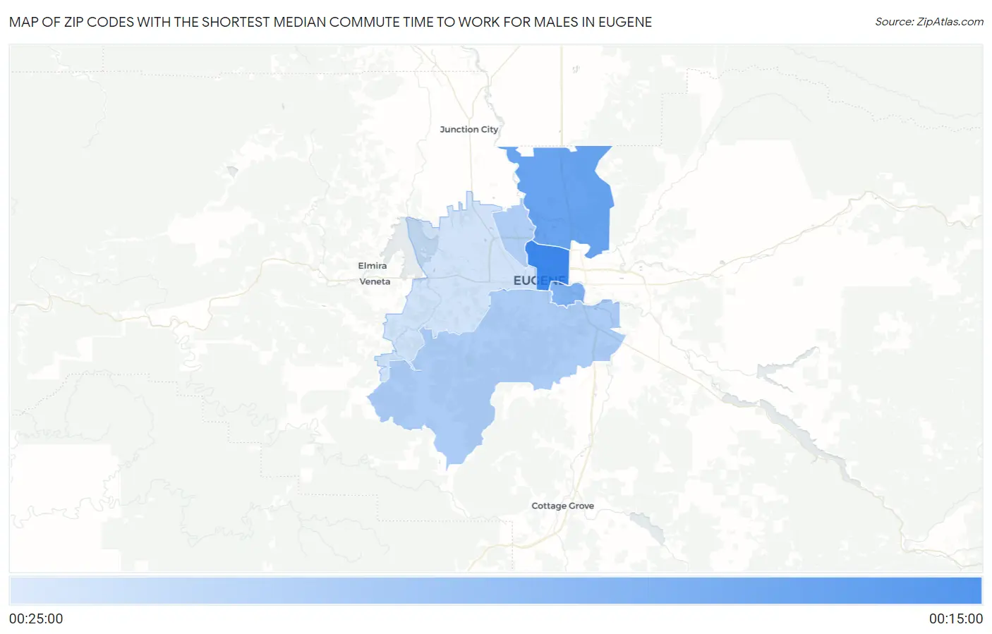 Zip Codes with the Shortest Median Commute Time to Work for Males in Eugene Map