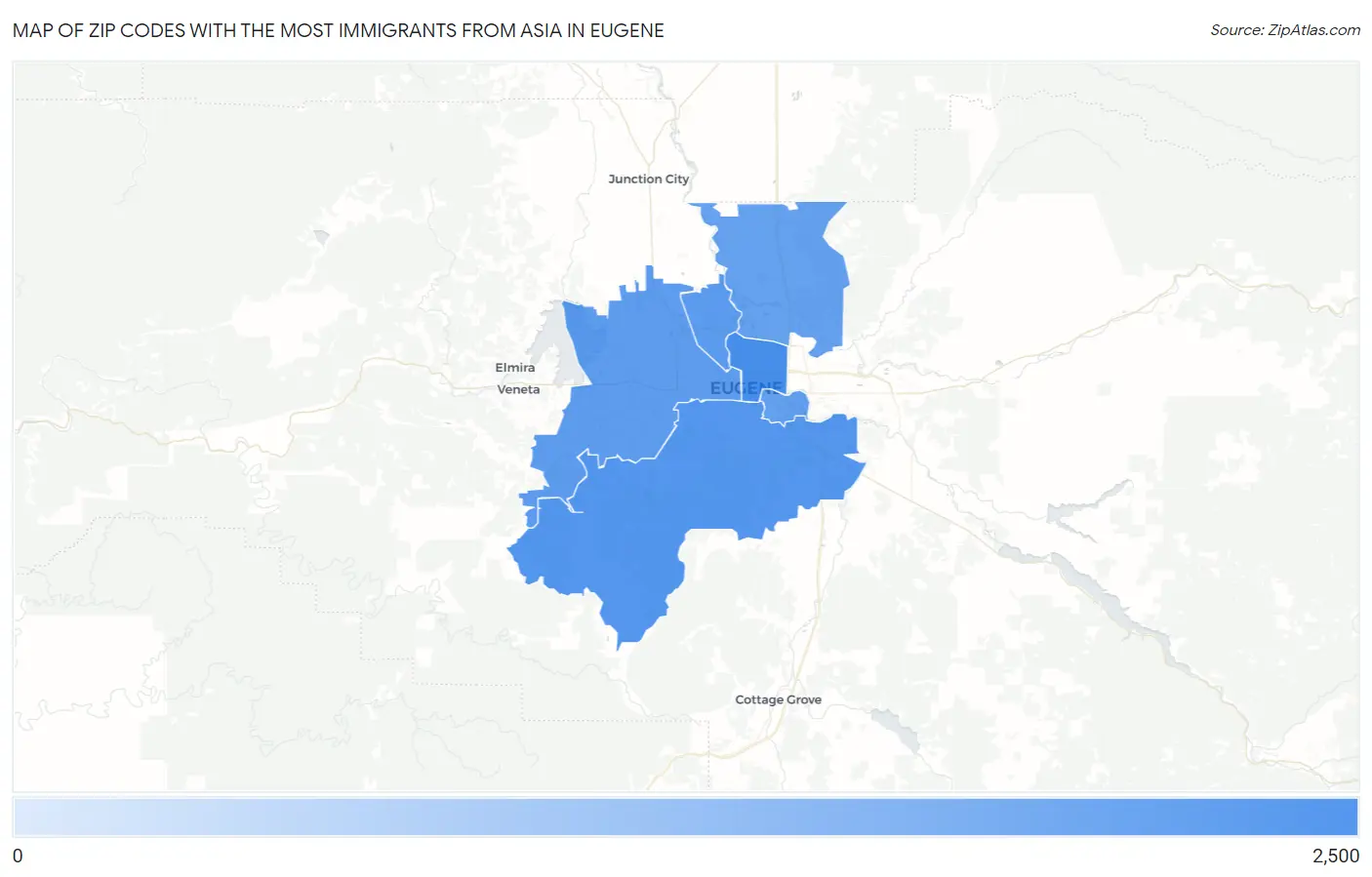 Zip Codes with the Most Immigrants from Asia in Eugene Map