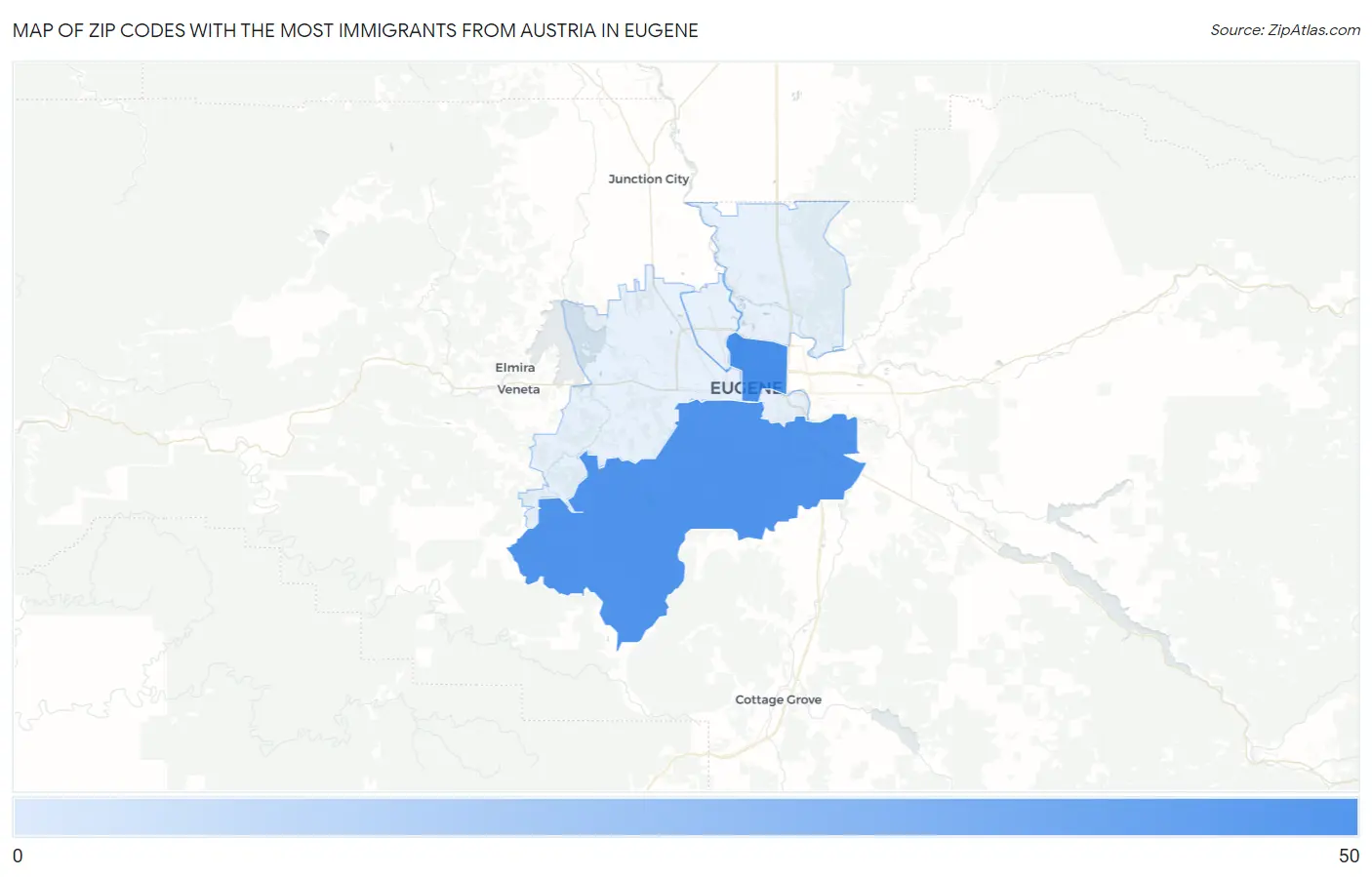 Zip Codes with the Most Immigrants from Austria in Eugene Map