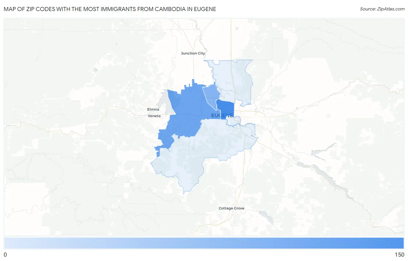Zip Codes with the Most Immigrants from Cambodia in Eugene Map