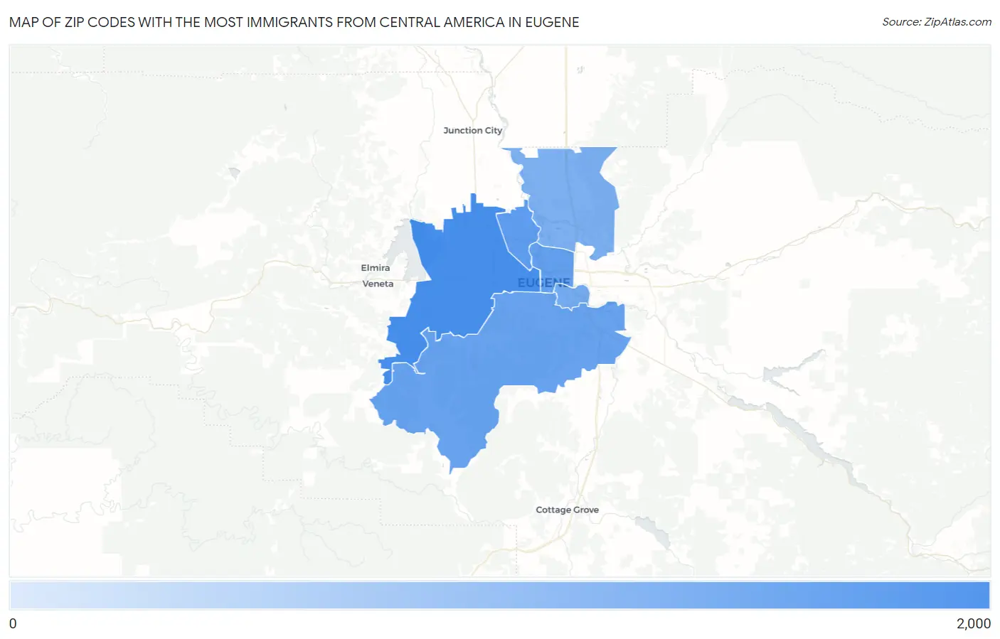 Zip Codes with the Most Immigrants from Central America in Eugene Map