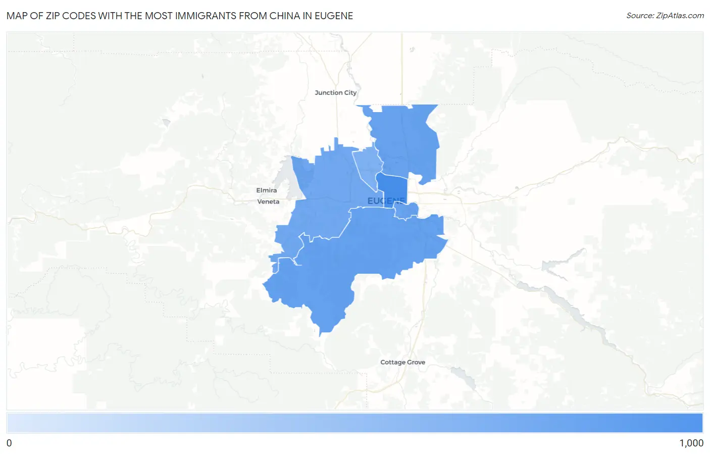 Zip Codes with the Most Immigrants from China in Eugene Map