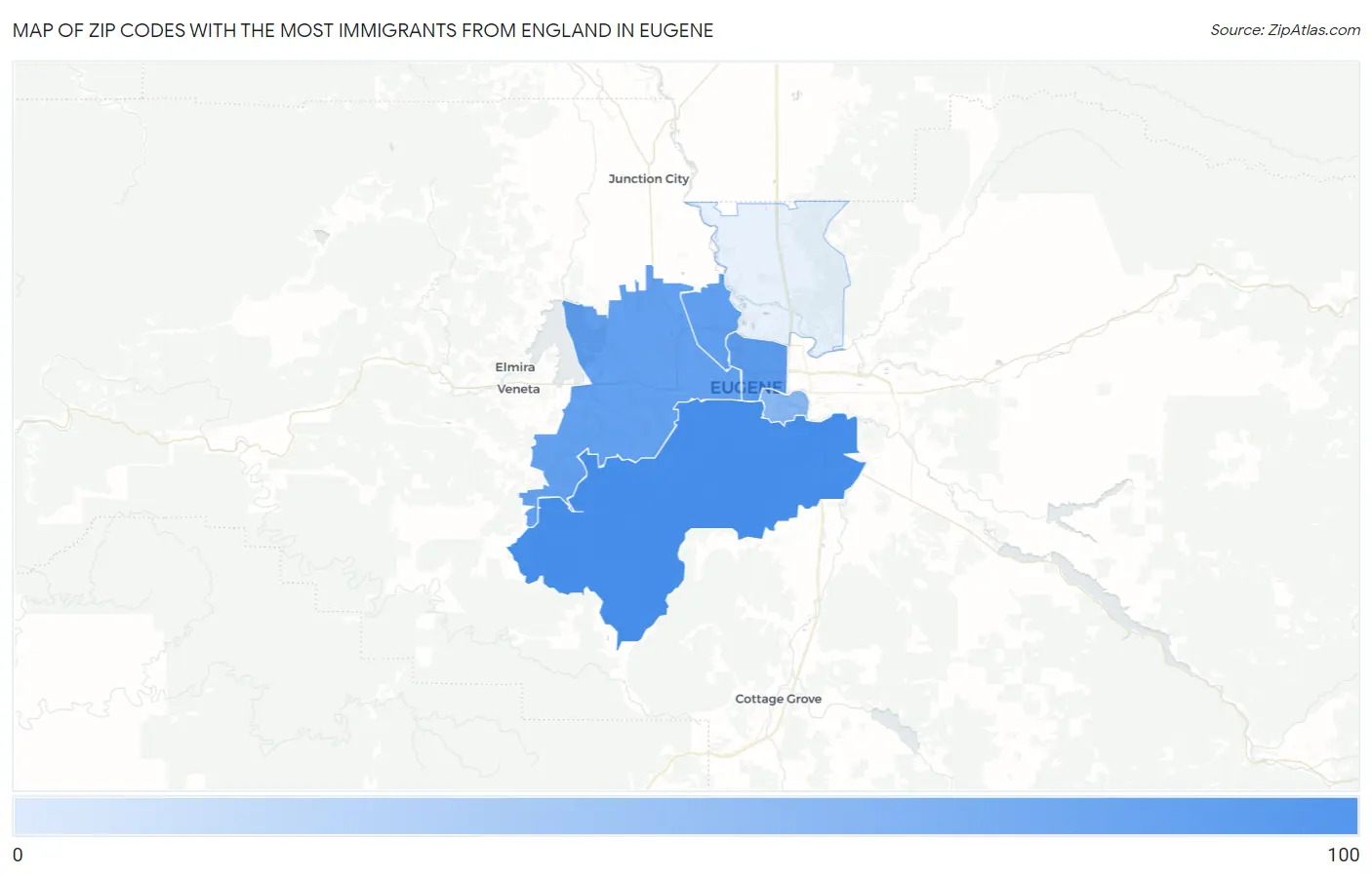 Zip Codes with the Most Immigrants from England in Eugene Map