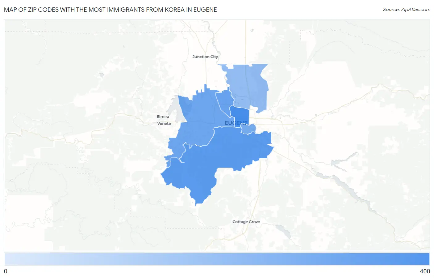 Zip Codes with the Most Immigrants from Korea in Eugene Map