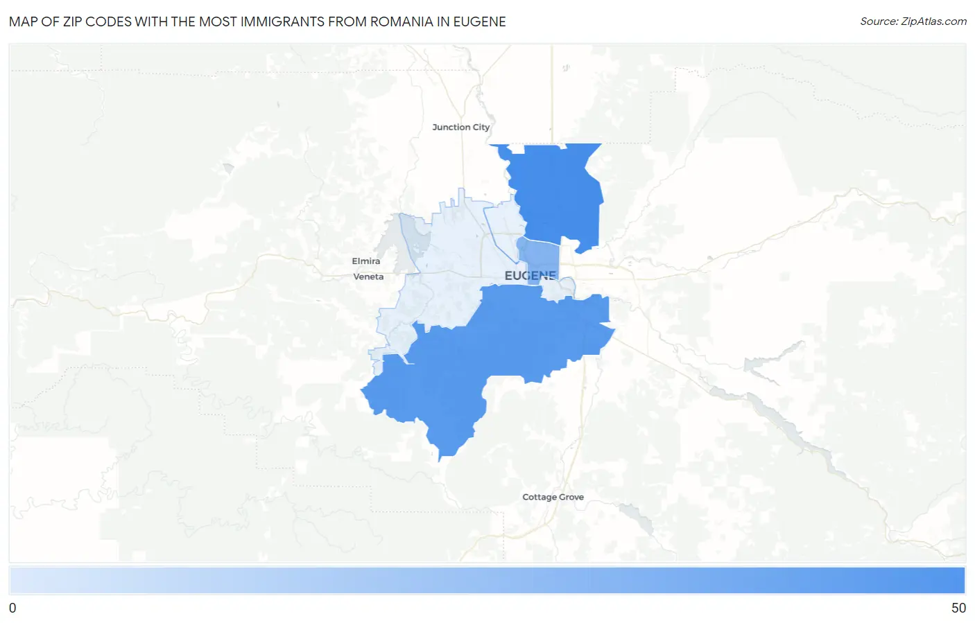 Zip Codes with the Most Immigrants from Romania in Eugene Map
