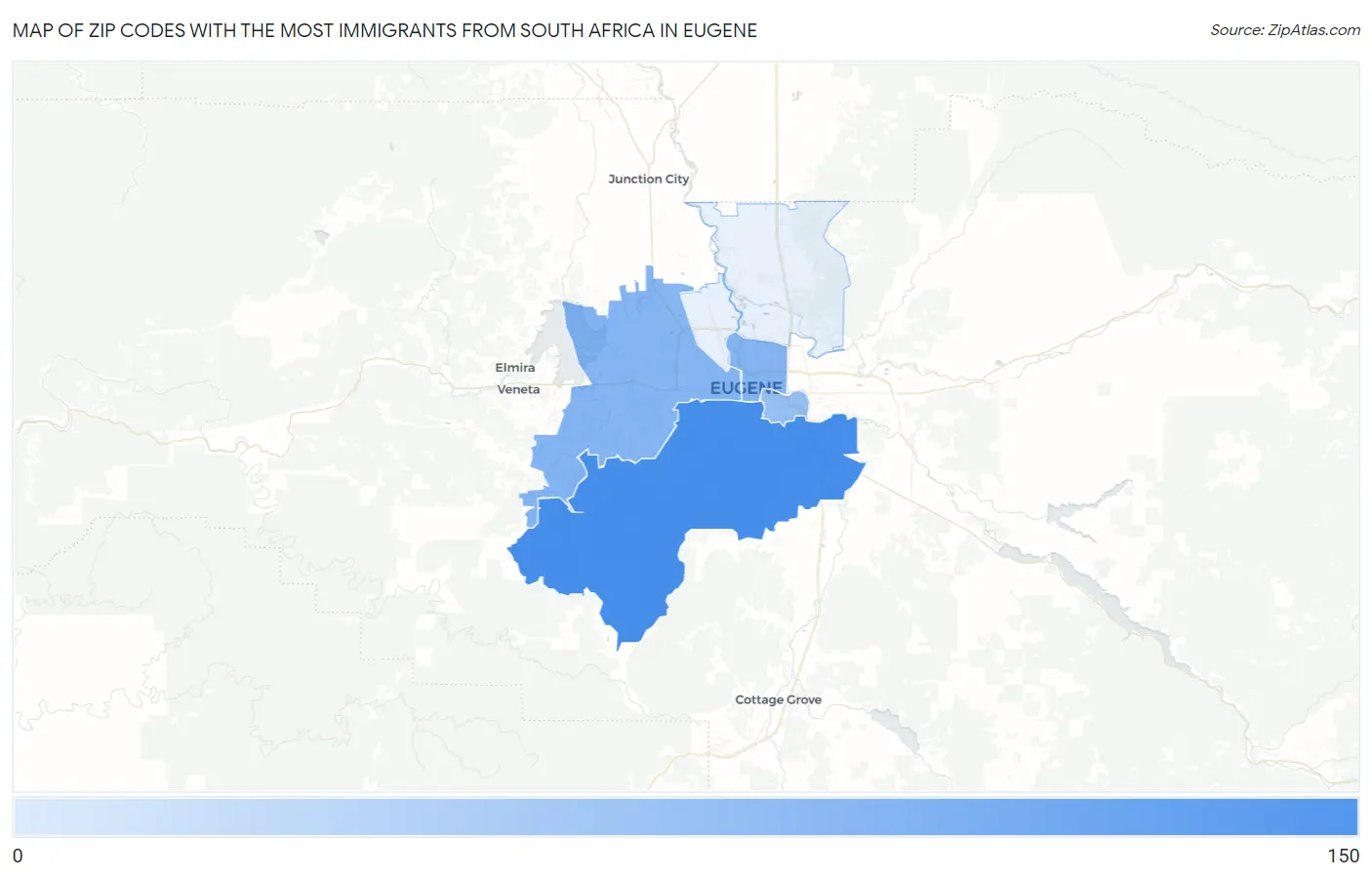 Zip Codes with the Most Immigrants from South Africa in Eugene Map