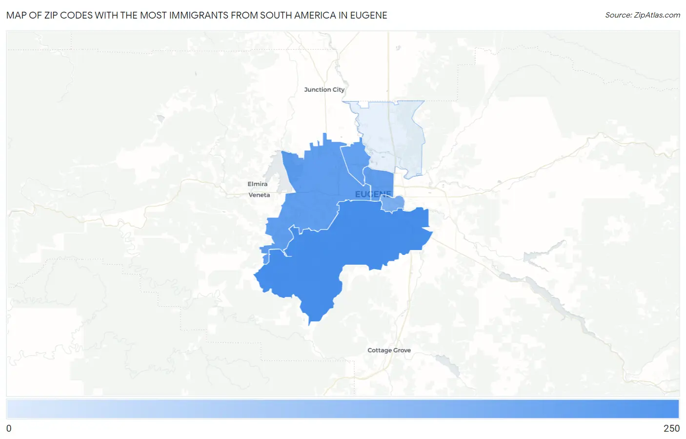 Zip Codes with the Most Immigrants from South America in Eugene Map