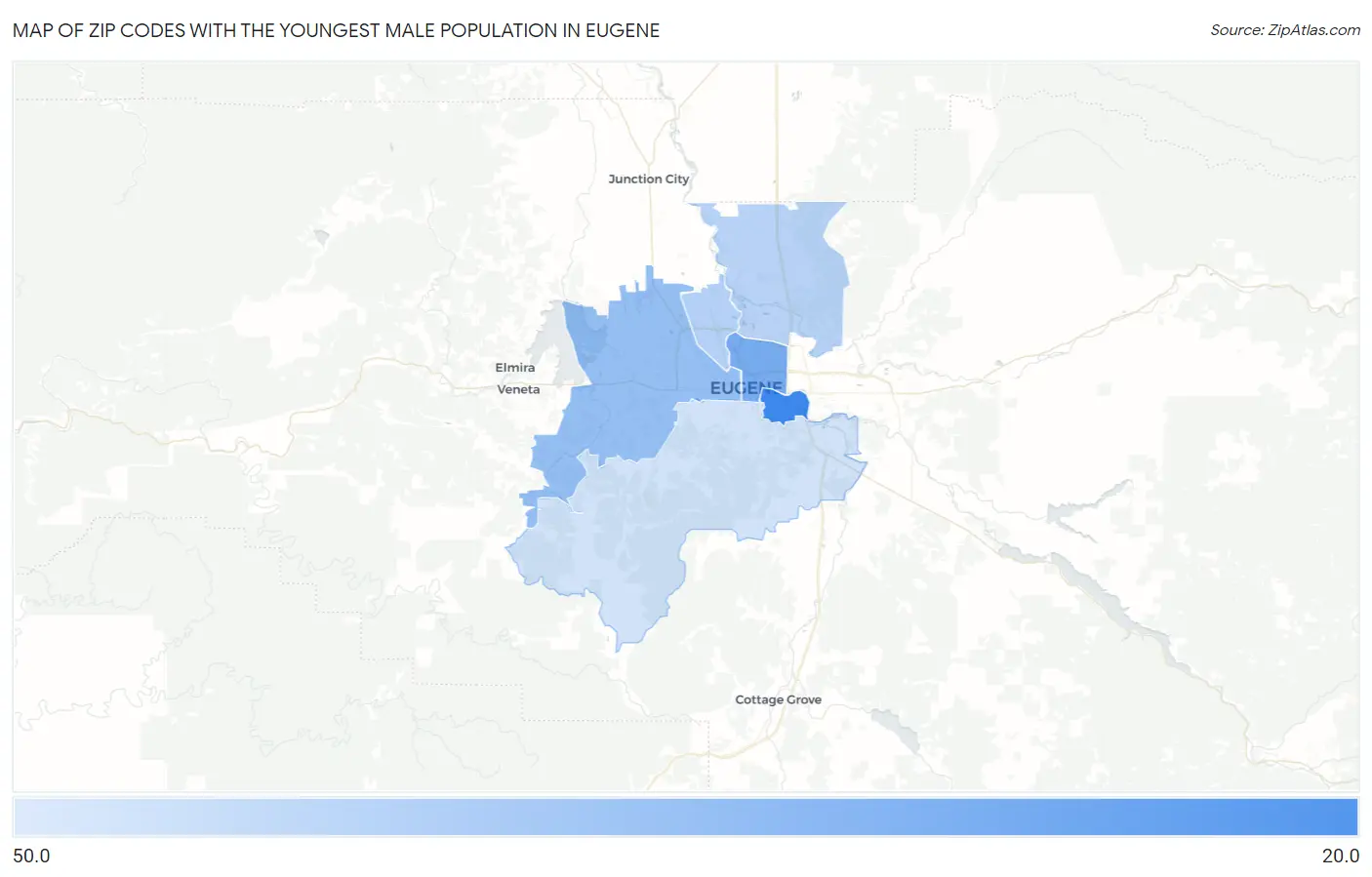 Zip Codes with the Youngest Male Population in Eugene Map
