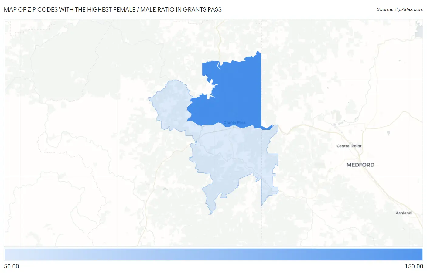 Zip Codes with the Highest Female / Male Ratio in Grants Pass Map
