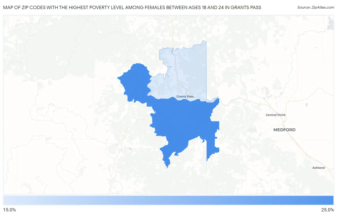Zip Codes with the Highest Poverty Level Among Females Between Ages 18 and 24 in Grants Pass Map