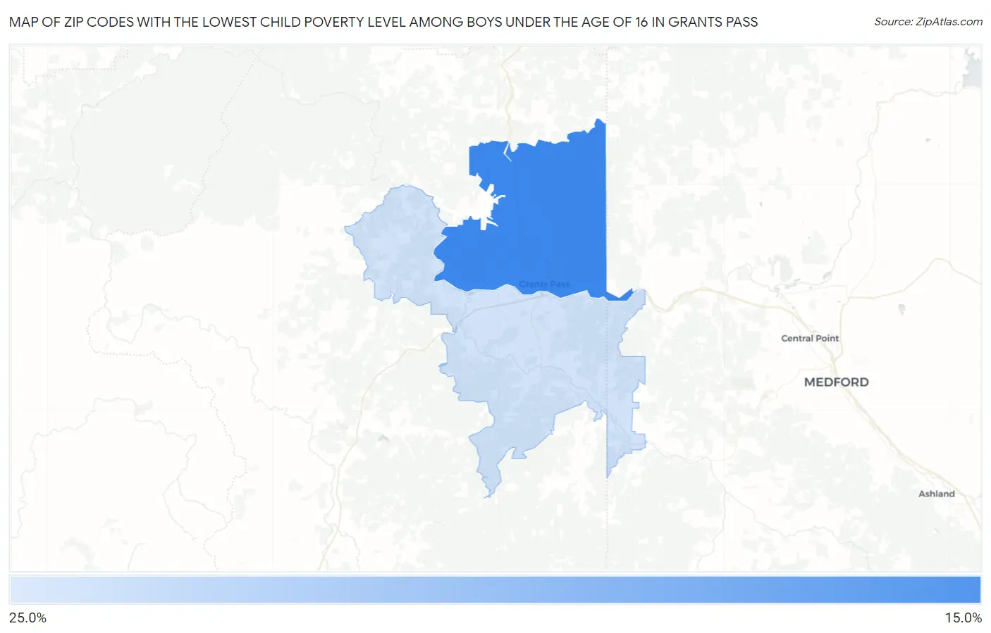 Zip Codes with the Lowest Child Poverty Level Among Boys Under the Age of 16 in Grants Pass Map