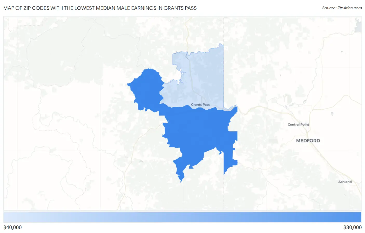 Zip Codes with the Lowest Median Male Earnings in Grants Pass Map