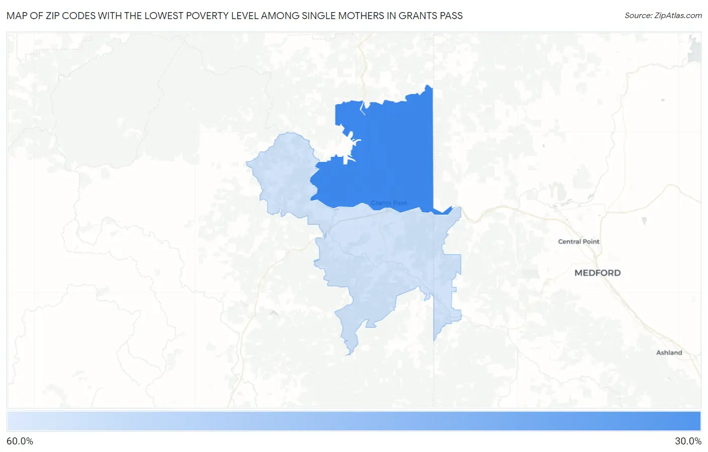 Zip Codes with the Lowest Poverty Level Among Single Mothers in Grants Pass Map