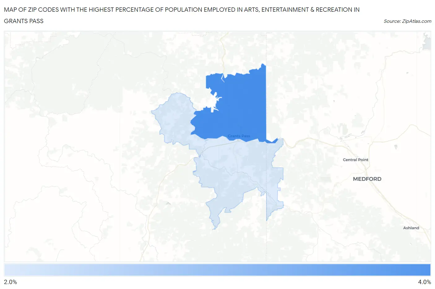 Zip Codes with the Highest Percentage of Population Employed in Arts, Entertainment & Recreation in Grants Pass Map