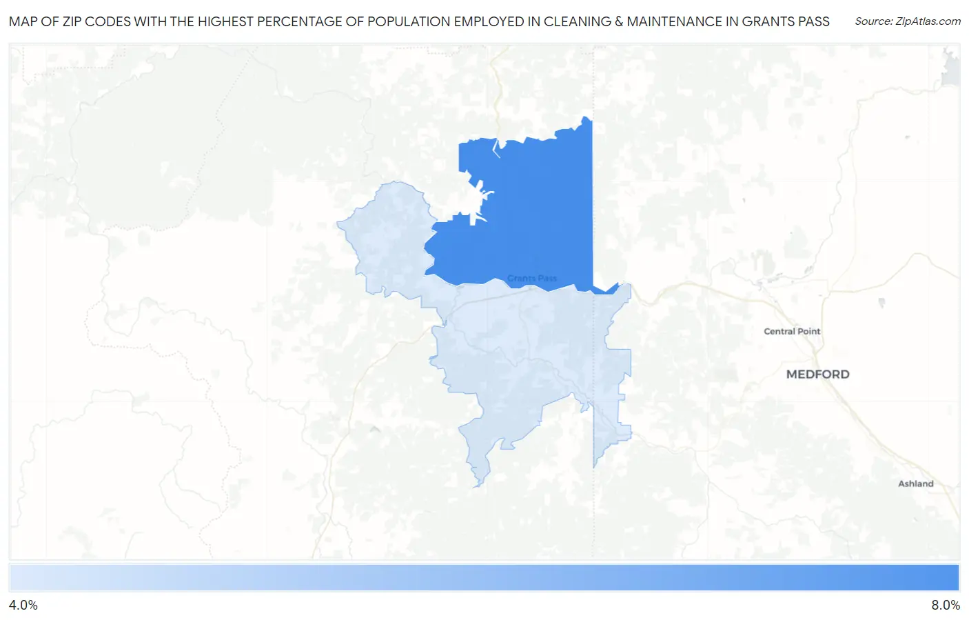Zip Codes with the Highest Percentage of Population Employed in Cleaning & Maintenance in Grants Pass Map