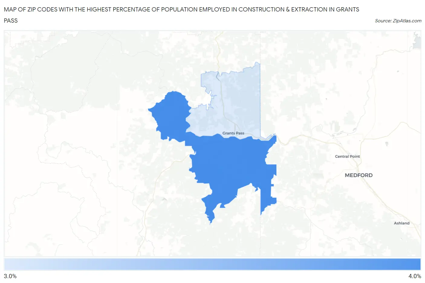Zip Codes with the Highest Percentage of Population Employed in Construction & Extraction in Grants Pass Map