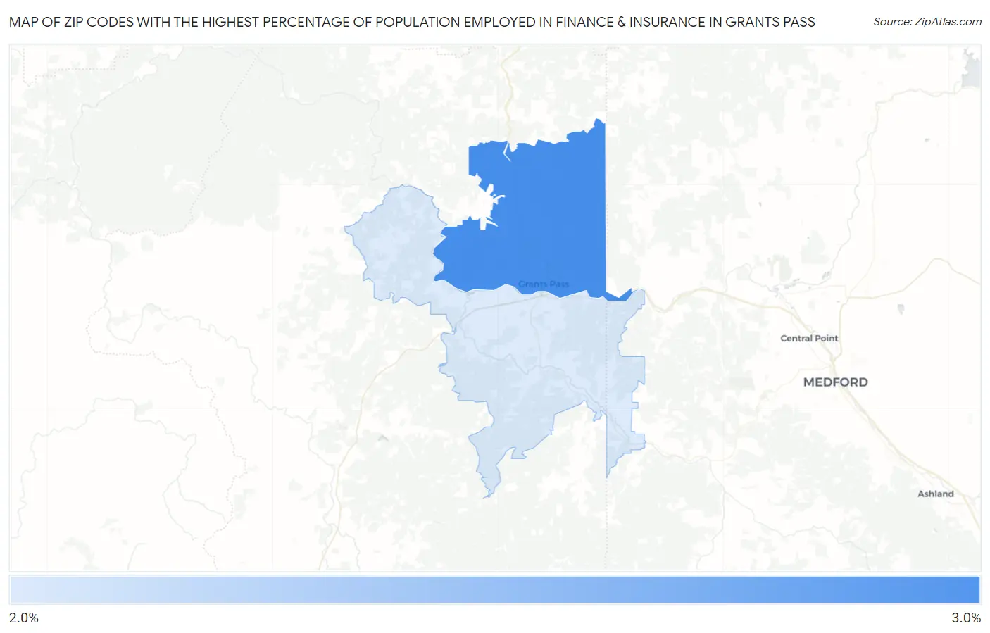 Zip Codes with the Highest Percentage of Population Employed in Finance & Insurance in Grants Pass Map