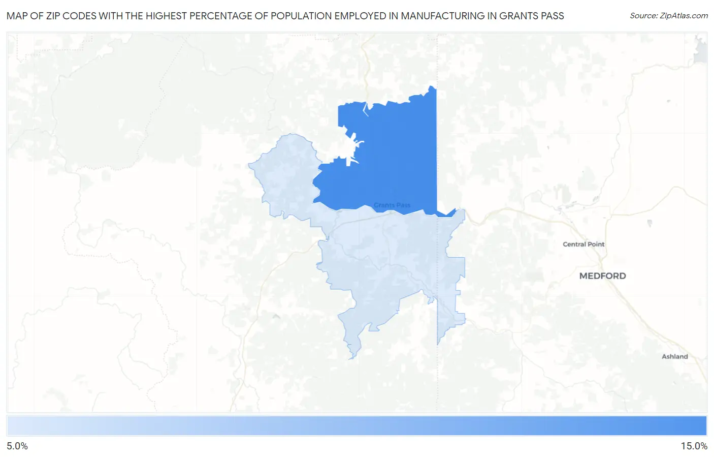 Zip Codes with the Highest Percentage of Population Employed in Manufacturing in Grants Pass Map