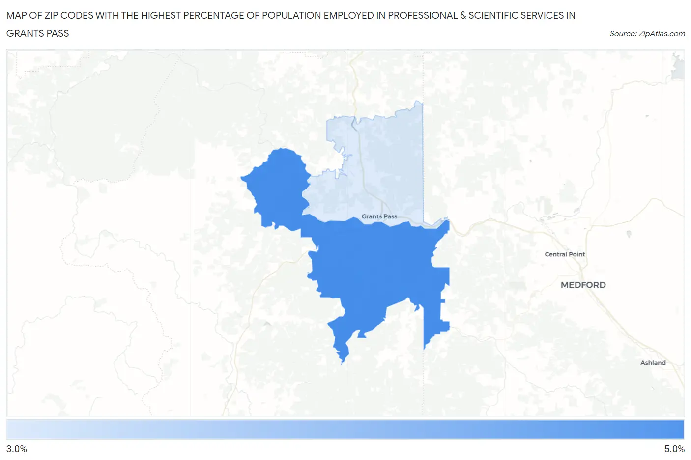 Zip Codes with the Highest Percentage of Population Employed in Professional & Scientific Services in Grants Pass Map